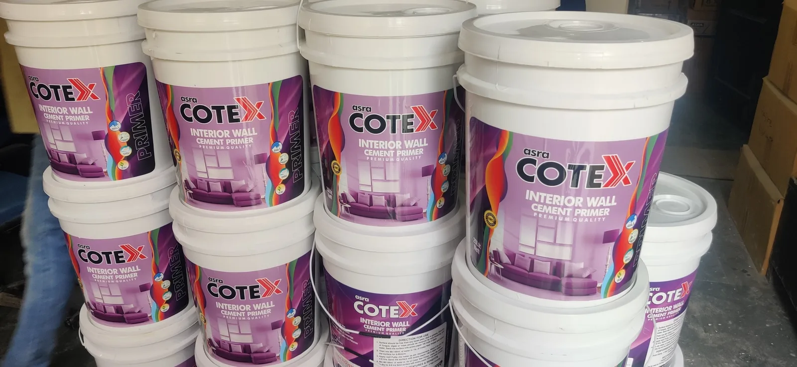 Cotex Interior Wall Cement Primer buckets in the despatch area